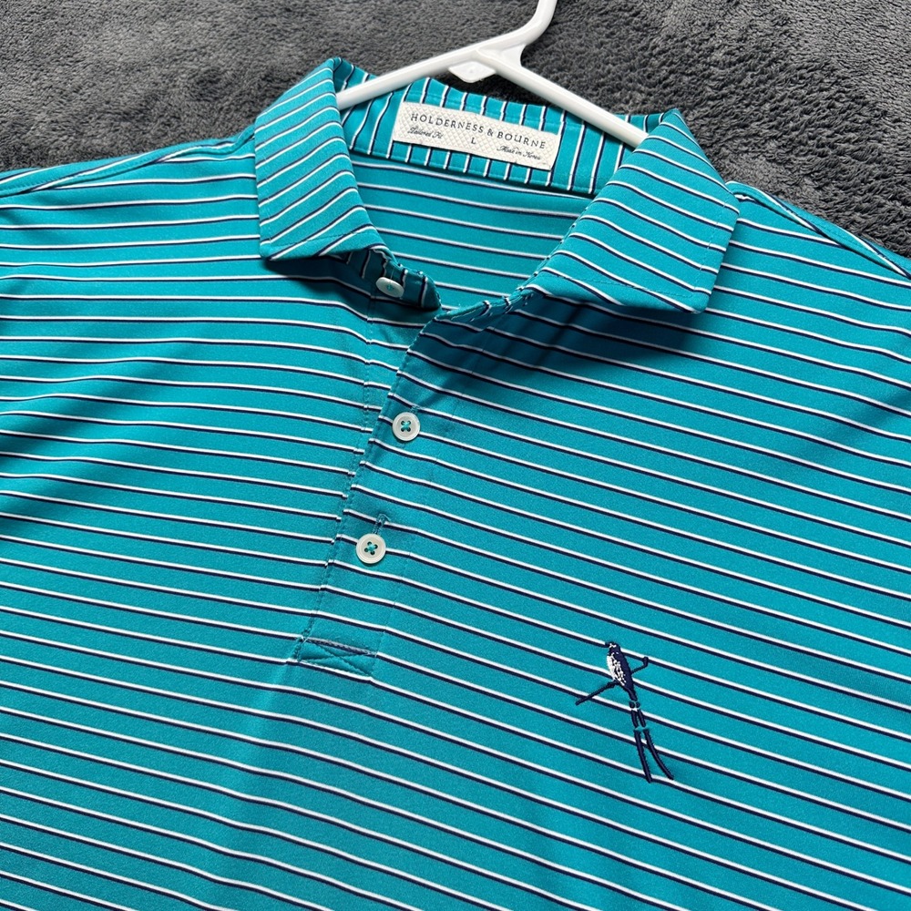 Holderness & Bourne Polo Shirt Mens Large Teal Striped Tailored Fit Golf Top